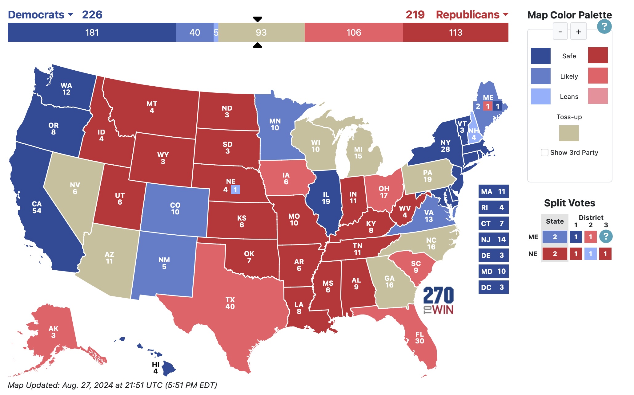 predictive electoral map showing a statistical tie