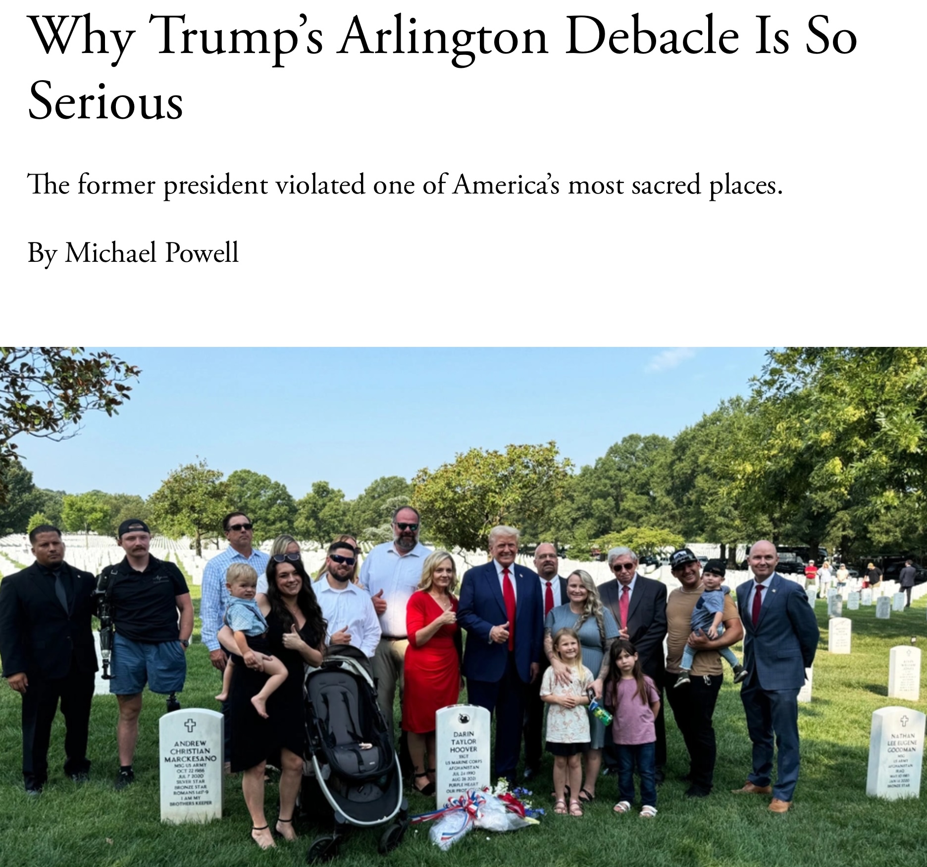 Trump flashing a victory sign standing on the grave of a soldier