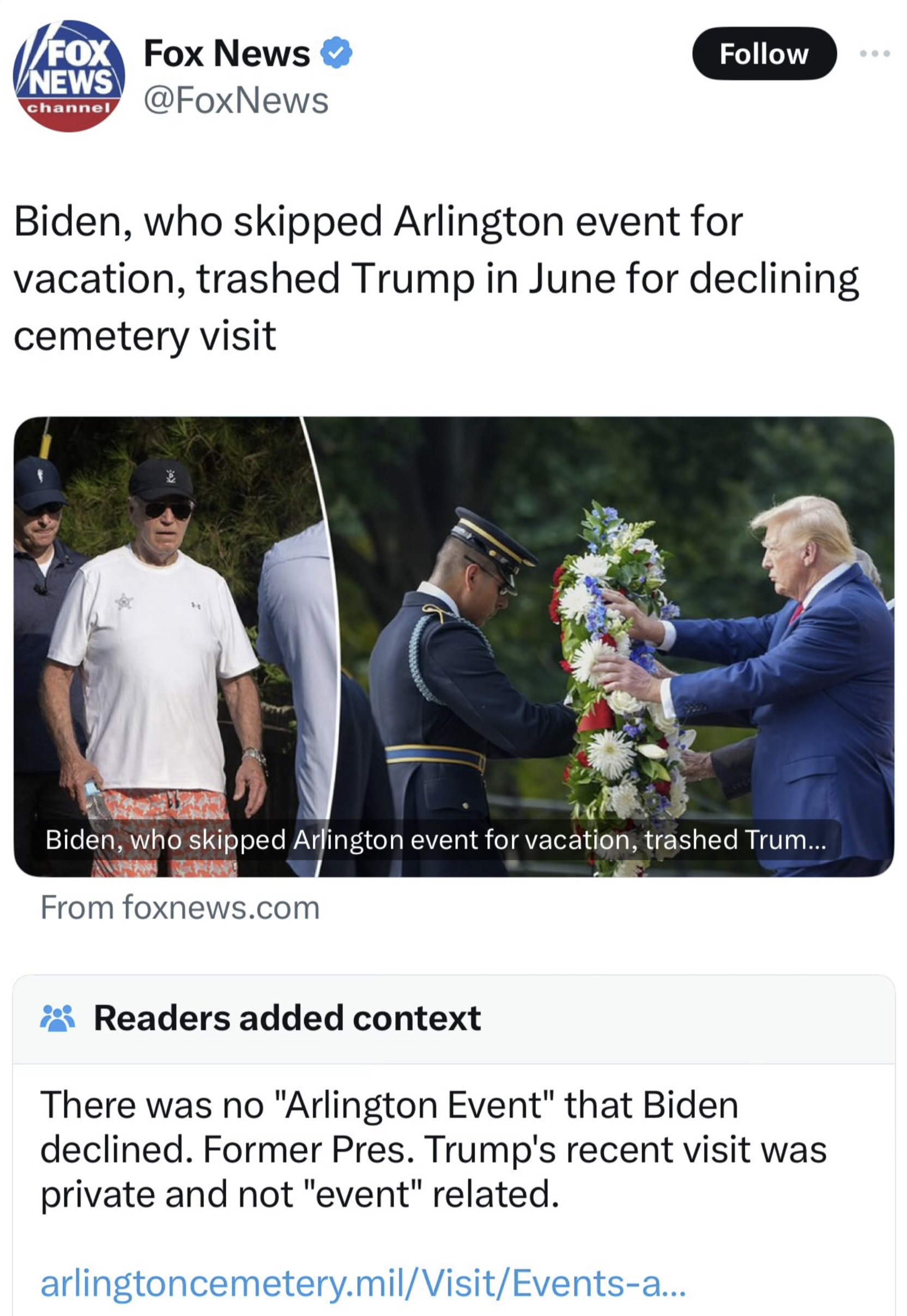 tweet about Fox News lying about Trump flashing a victory sign standing on the grave of a soldier while being a wee cunt